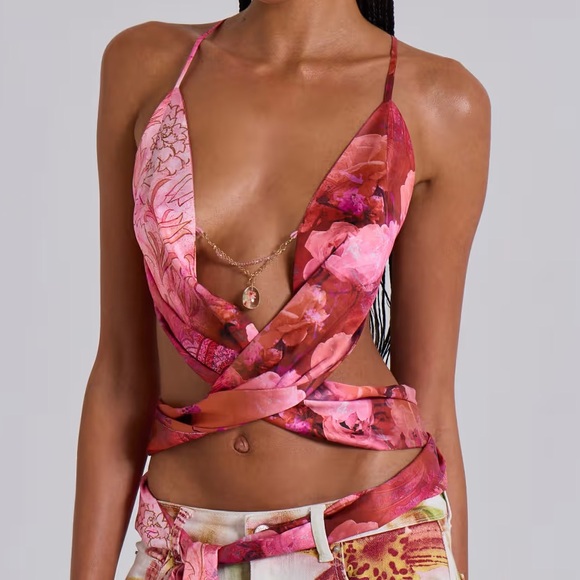 Jaded London Tops - Jaded London Ayla Satin Backless Plunge Wrap Top In Rosa